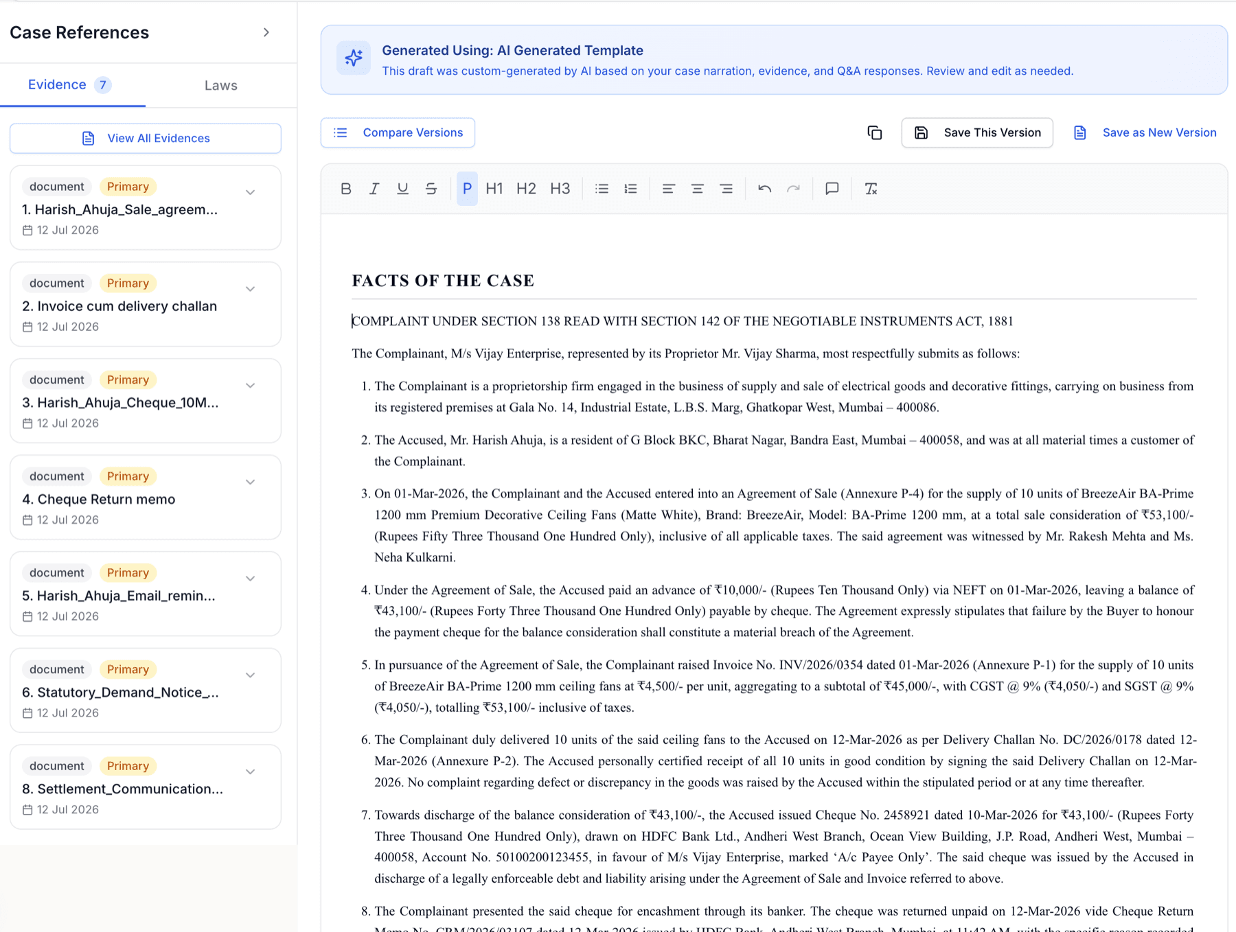 A court-format complaint drafted in CaseClarity